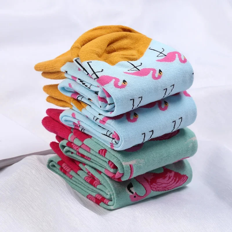 Cartoon Flamingo Cotton Socks - Casual Harajuku Crew Pair