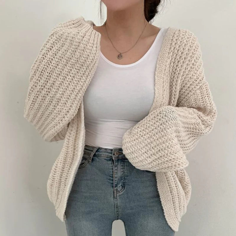 Premium Lantern Sleeve Knit Cardigan - Vintage Loose-Fit Sweater