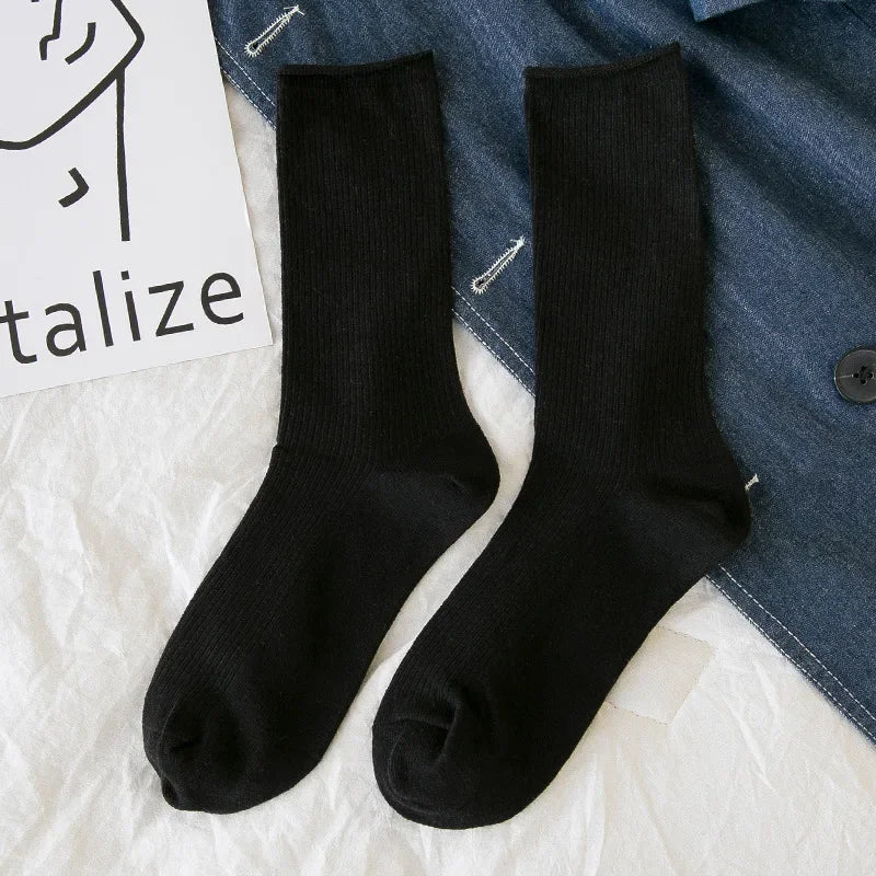 Solid Color Crew Socks - Breathable Preppy Mid-Calf Style