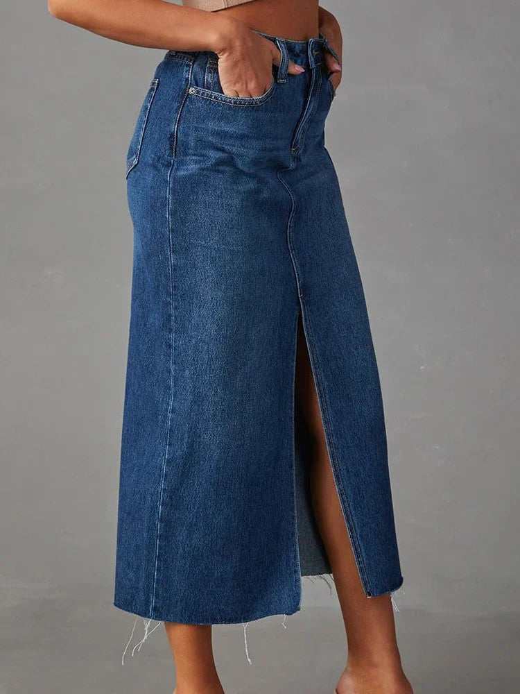Premium Denim Split Midi Skirt - High Waist Streetwear Style