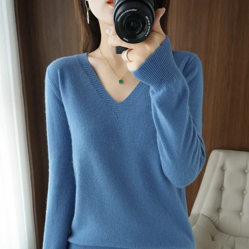 Premium V-Neck Knit Sweater - Soft Solid Color Pullover