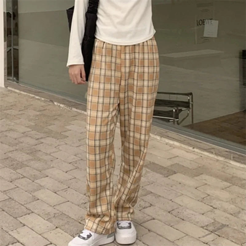 Fleece-Lined Plaid Trousers - High-Waist Straight Leg