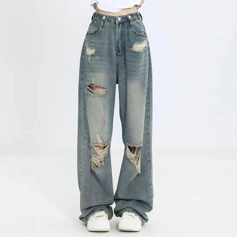 High-Waist Distressed Wide-Leg Jeans - Vintage Streetwear Fit