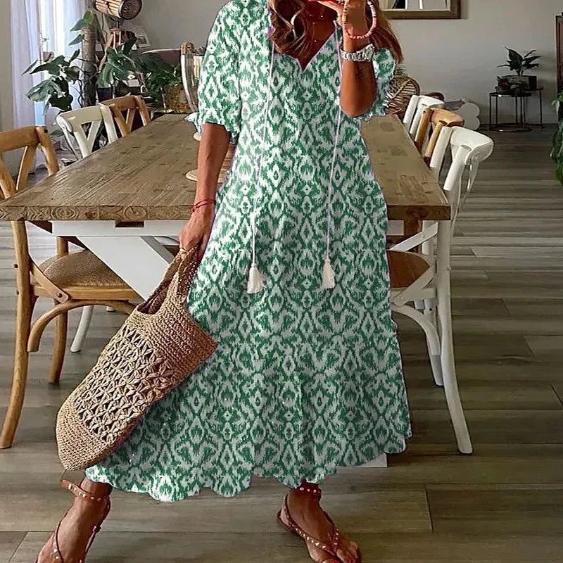 Bohemian Floral Maxi Dress - Relaxed V-Neck Summer Style