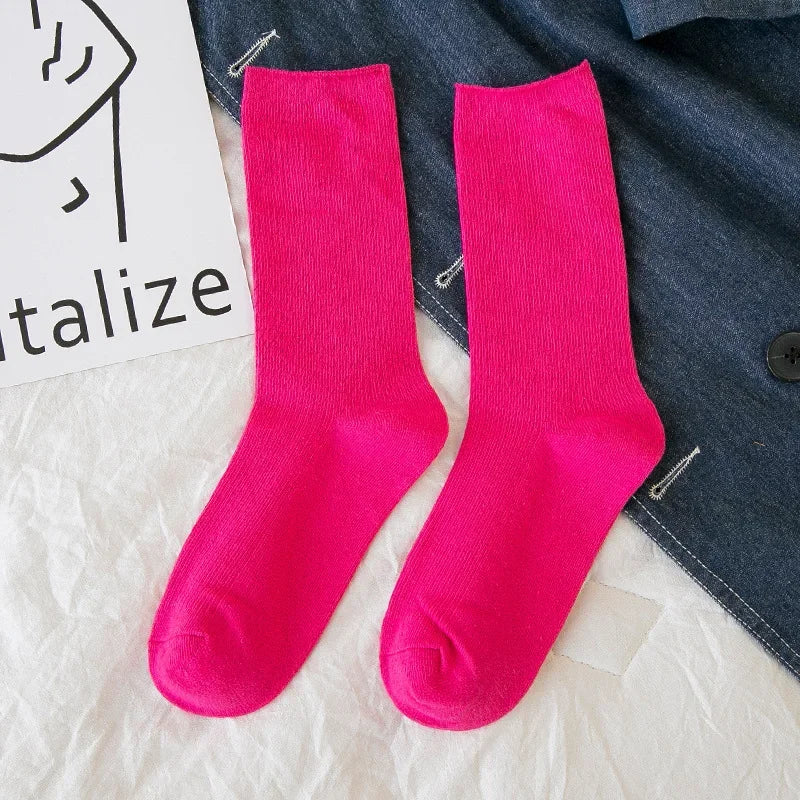 Solid Color Crew Socks - Breathable Preppy Mid-Calf Style