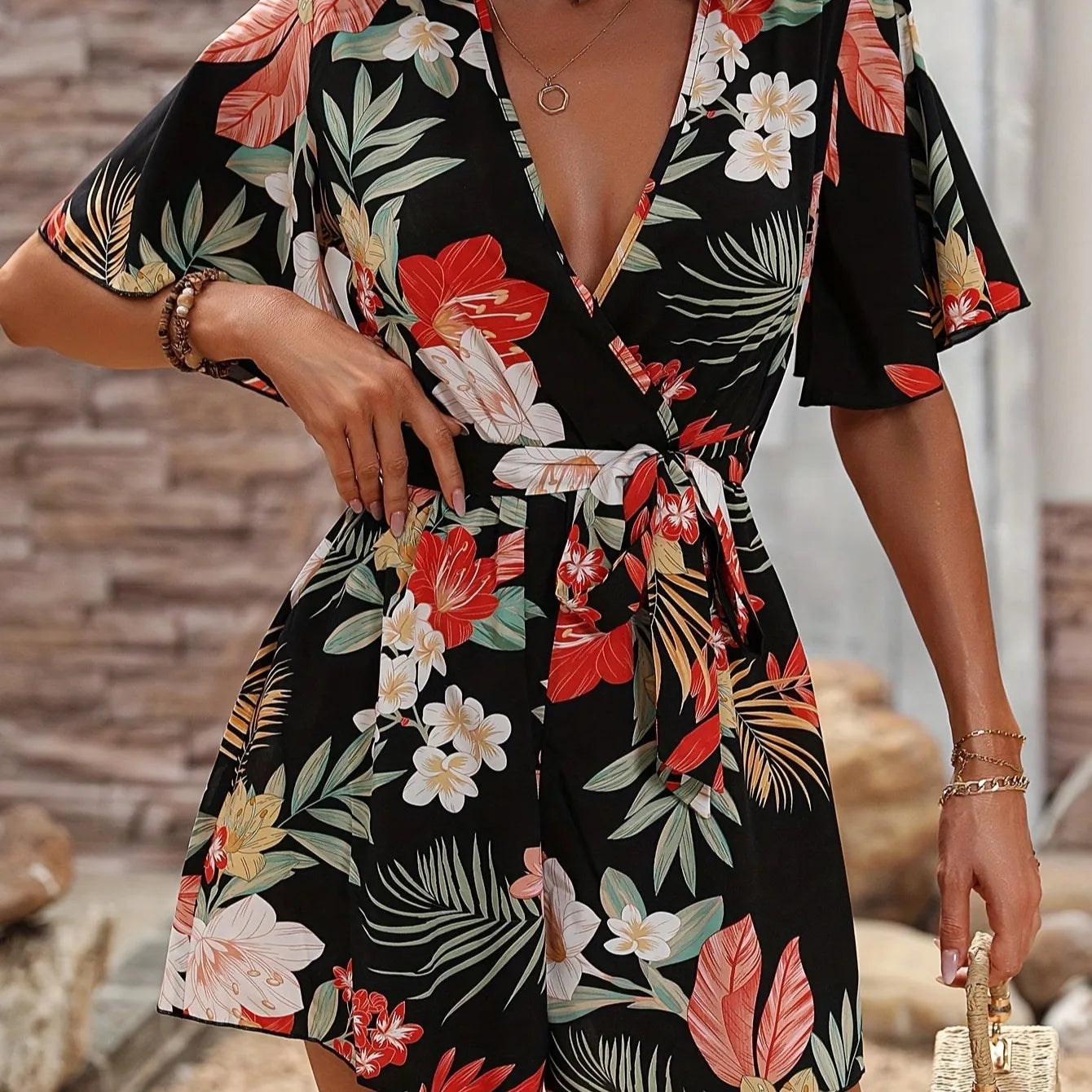 Short Sleeve Wide-Leg Jumpsuit - Vacation Style