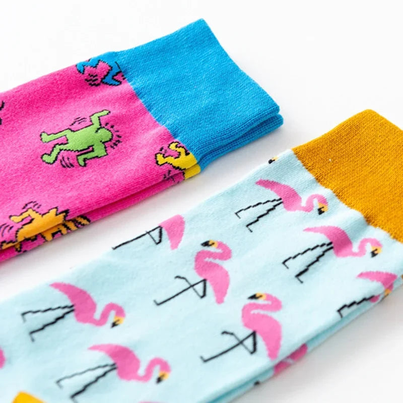 Cartoon Flamingo Cotton Socks - Casual Harajuku Crew Pair