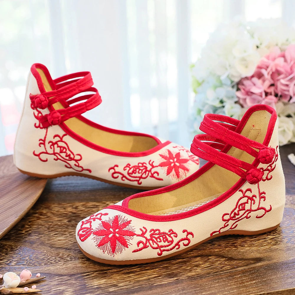 Premium Embroidered Ballet Flats - Ankle Strap Canvas Shoes