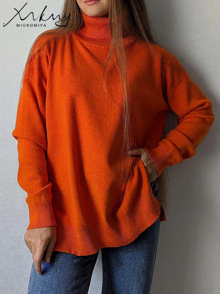 Oversized Turtleneck Sweater - Side Split Cozy Jumper