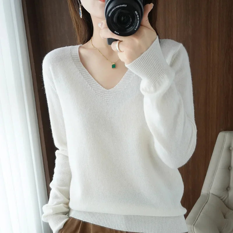 Premium V-Neck Knit Sweater - Soft Solid Color Pullover
