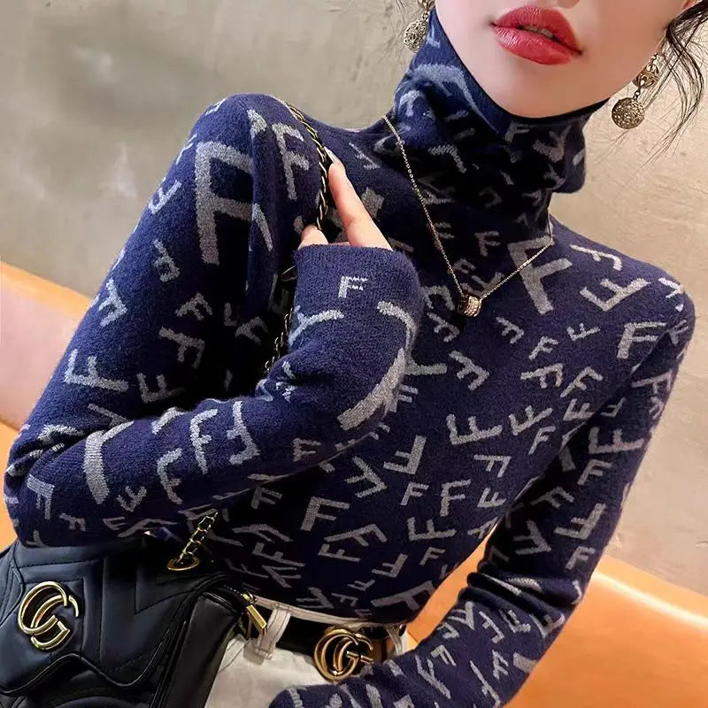 Half-High Collar Letter Knit Sweater - Slim Fit Pullover