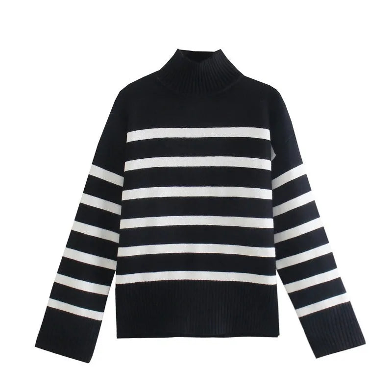 Premium Striped Turtleneck Knit Sweater - Loose Streetwear Pullover