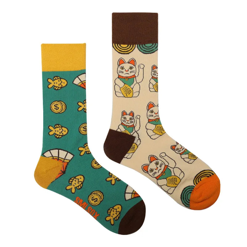 Colorful Print Cotton Socks - Unisex Mid-Tube Casual Pair