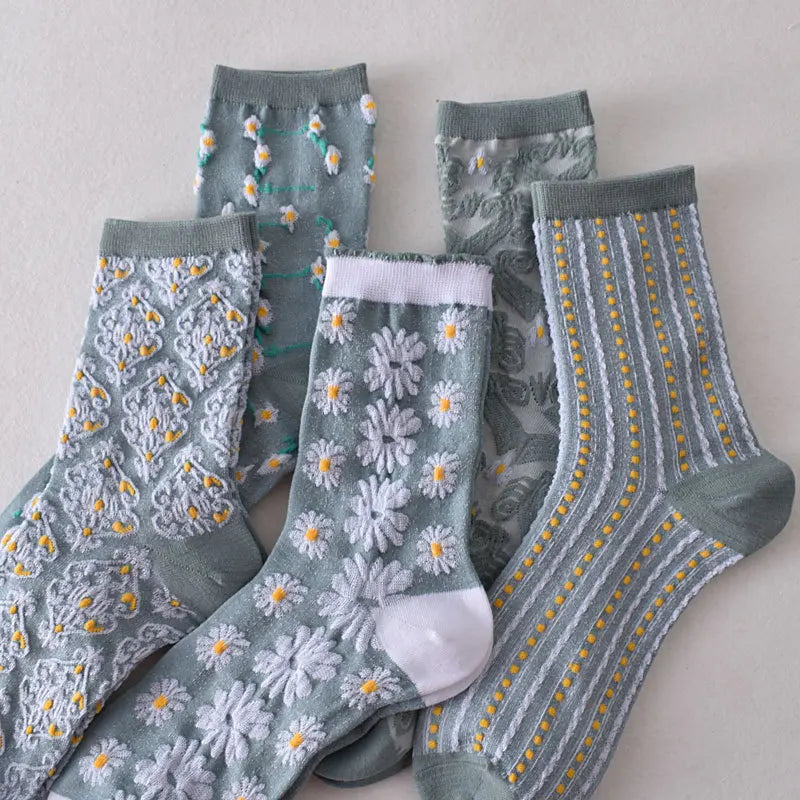 Retro Embroidered Flower Socks - 5 Pair Cozy Gift Set