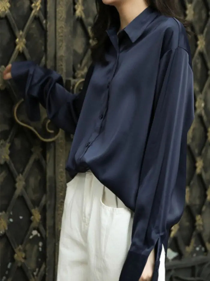 Vintage Button-Up Blouse - Loose Fit Long Sleeve Shirt
