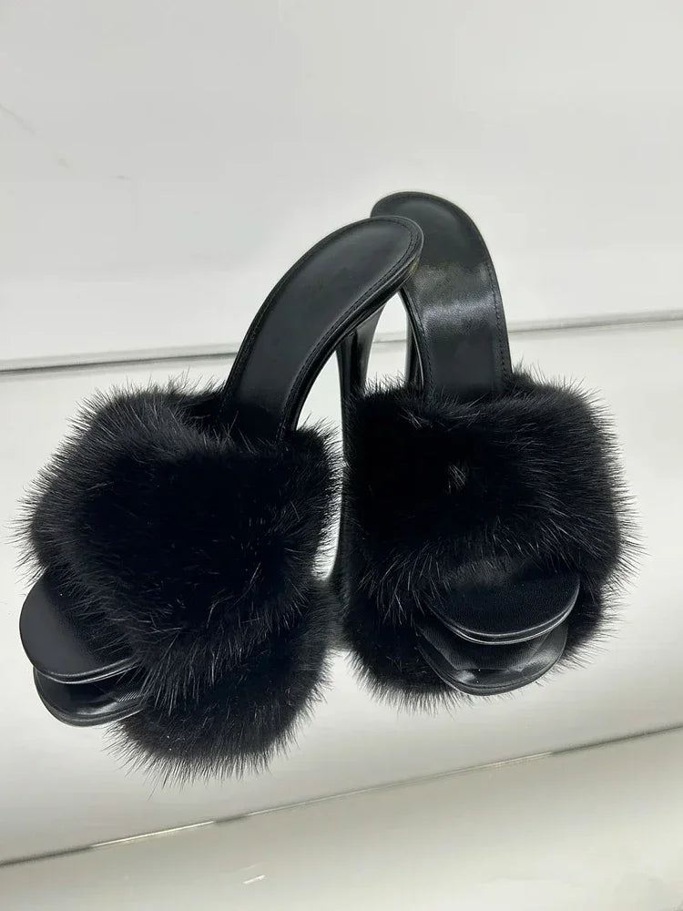 Luxury Fur-Trim High Heel Sandals - Open Toe Party Style