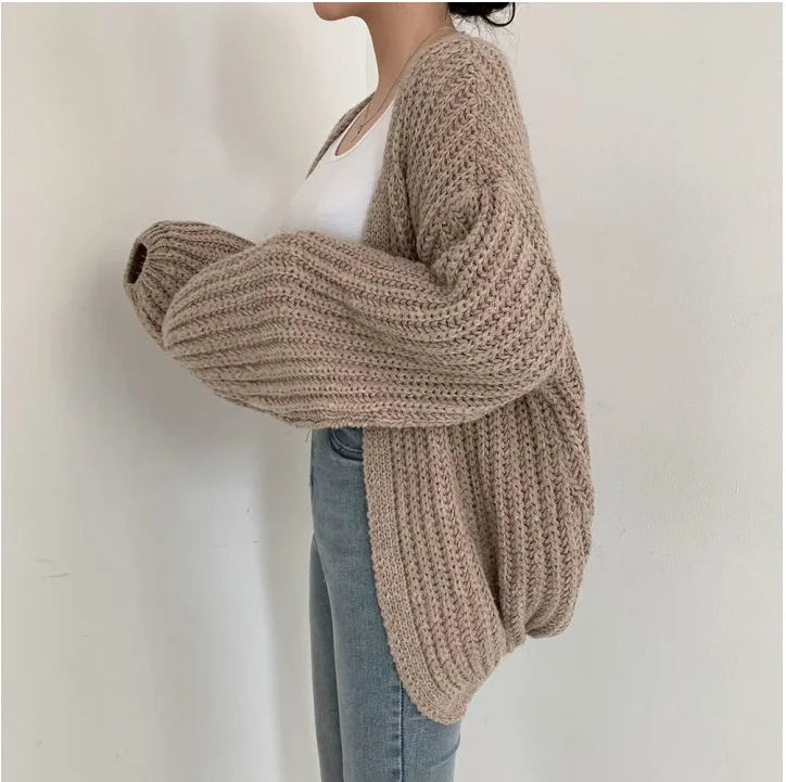 Premium Lantern Sleeve Knit Cardigan - Vintage Loose-Fit Sweater