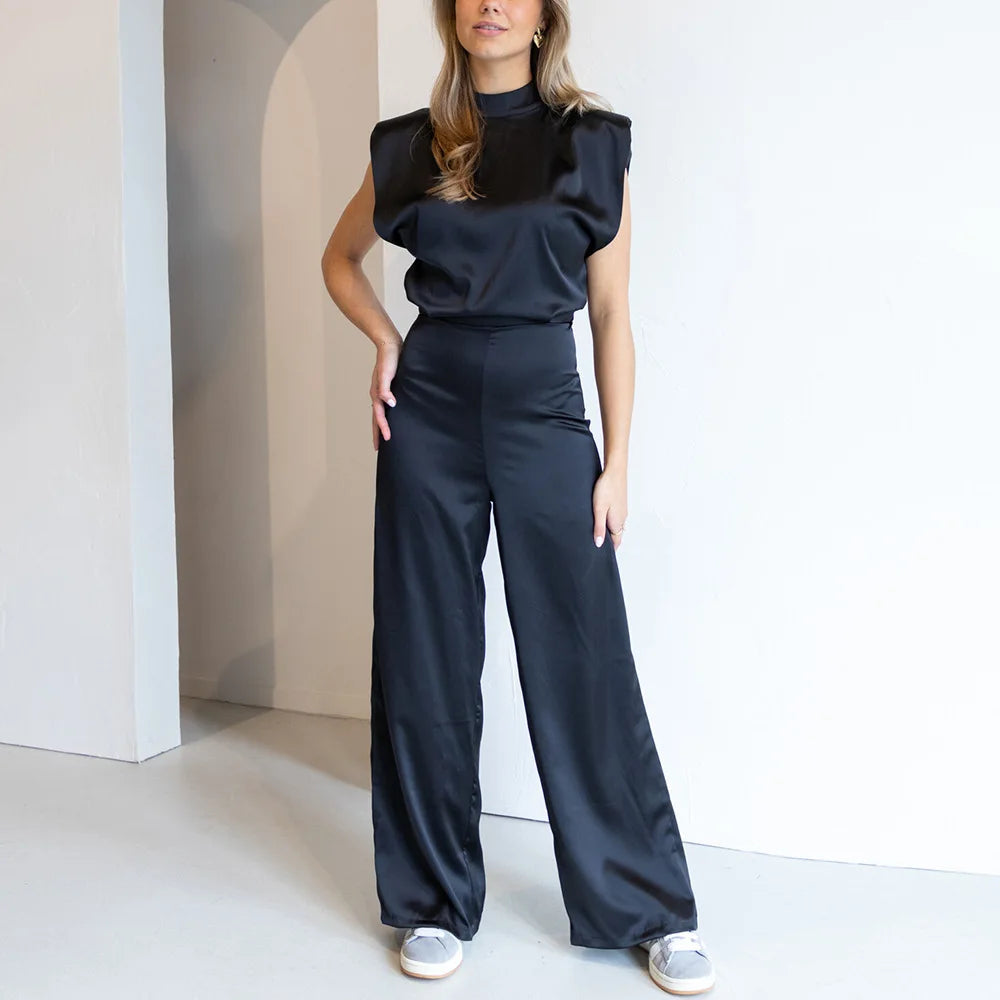 Silk Satin Texture Halter Neck Sleeveless Wide-Leg Jumpsuit - Office & Occasion Wear