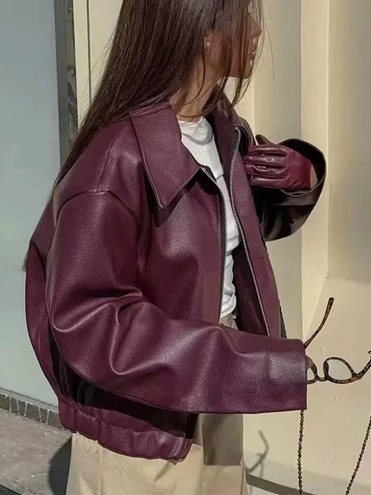 Premium Faux Leather Jacket - Wine Red Zip-Up Outerwear