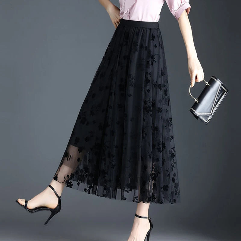 Premium Tulle Floral Midi Skirt - Elegant Mesh A-Line Style