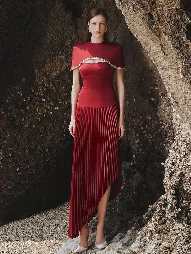 DEAT Elegant 2 Pcs Set  Diamond Embedded Short Shawl Camisole Waist Pleated Asymmetric Dress Suit Spring 2026 New Tide 13DB5108
