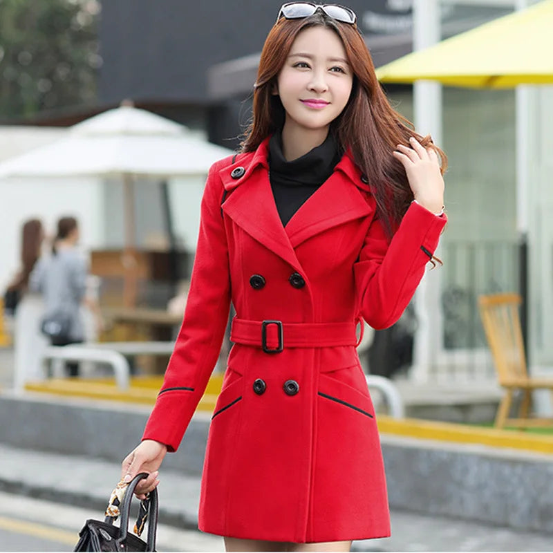 Elegant Belted Wool-Blend Coat - Double-Breasted Longline Style