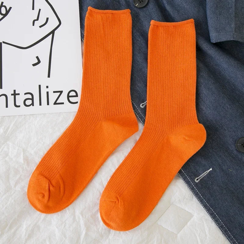 Solid Color Crew Socks - Breathable Preppy Mid-Calf Style