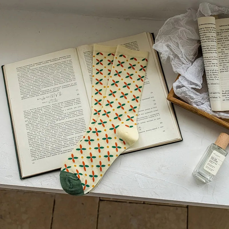 Premium Floral Pattern Long Socks - Soft Cotton Everyday Pair