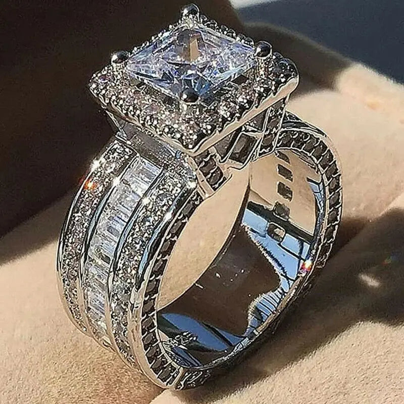 Luxury White Zircon Engagement Ring - Silver-Tone Jewelry