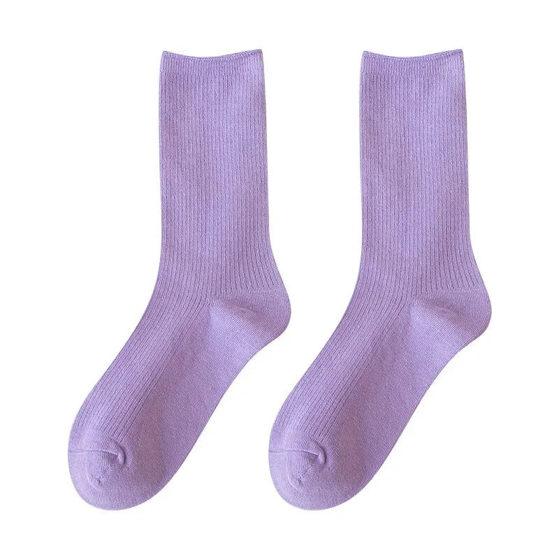 Solid Color Crew Socks - Breathable Preppy Mid-Calf Style
