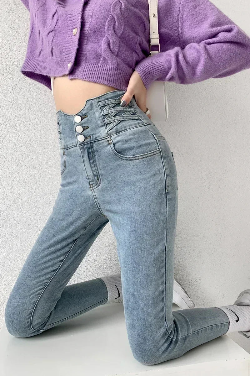 High-Waist Skinny Jeans - Denim Streetwear