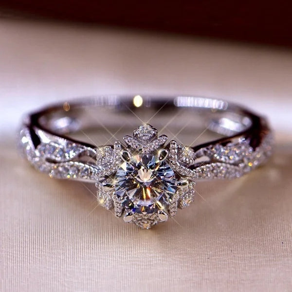 Luxury White Zircon Engagement Ring - Silver-Tone Jewelry