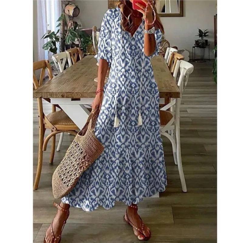 Bohemian Floral Maxi Dress - Relaxed V-Neck Summer Style