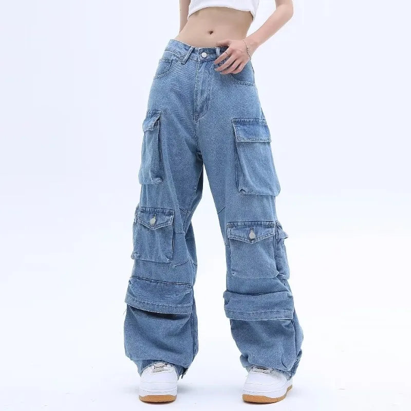 Cargo High-Waist Washed Wide-Leg Jeans - Denim Streetwear
