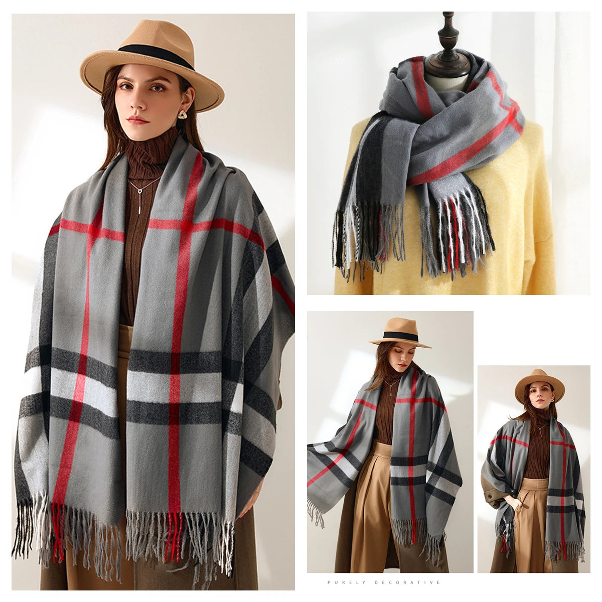 Luxury Plaid Cashmere-Feel Scarf - Oversized Shawl Wrap