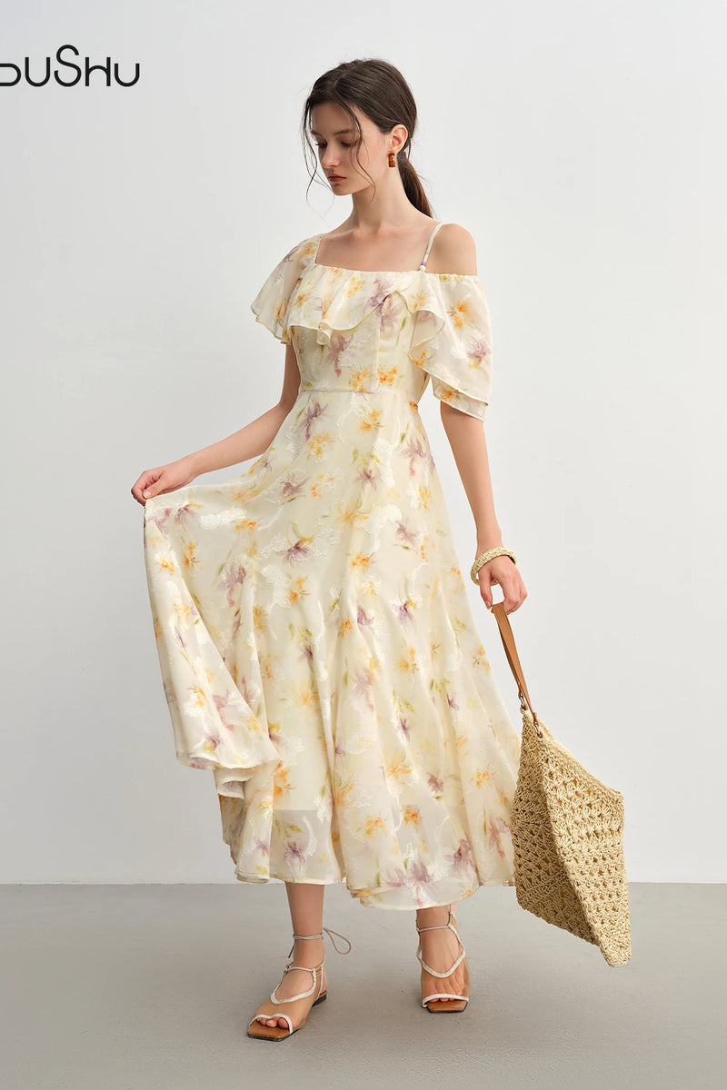DUSHU Summer 2025 Printed Dress - Fluid Ruffle Hem Botanical Midi Maxi Resort to Office