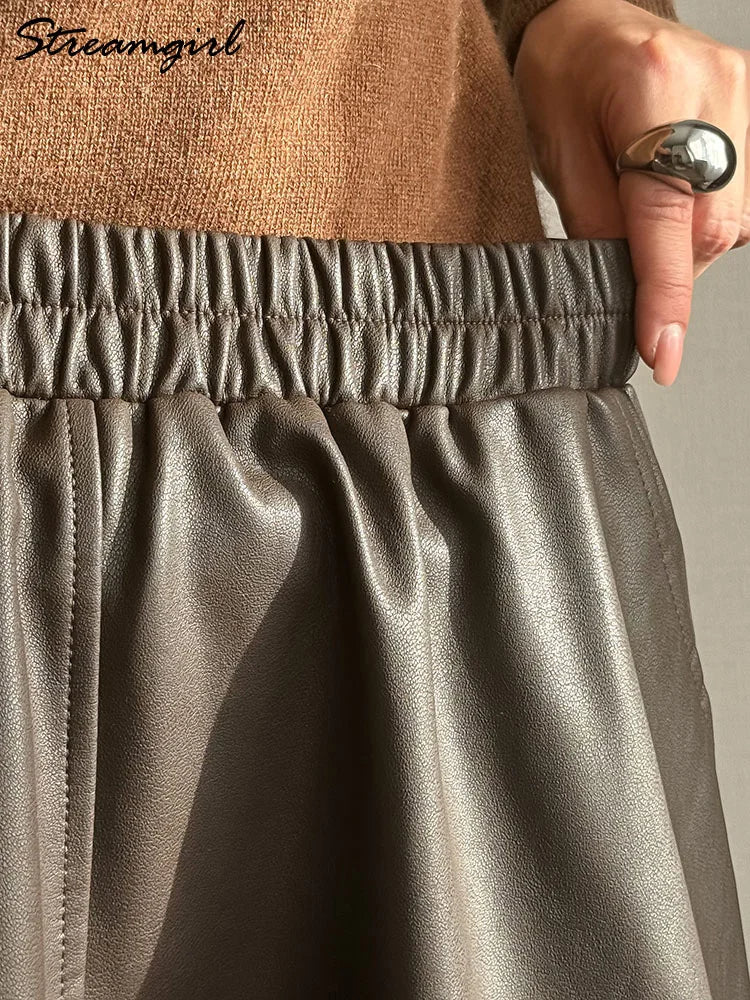 Premium PU Leather Midi Skirt - High Waist A-Line Design