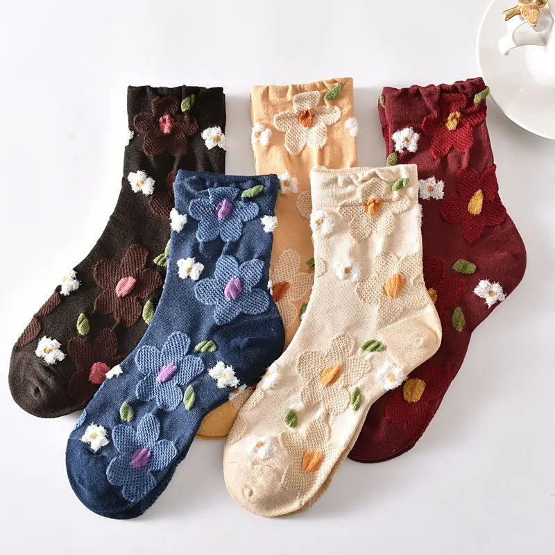 Retro Embroidered Flower Socks - 5 Pair Cozy Gift Set