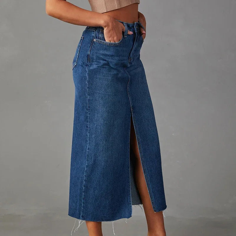 Premium Denim Split Midi Skirt - High Waist Streetwear Style