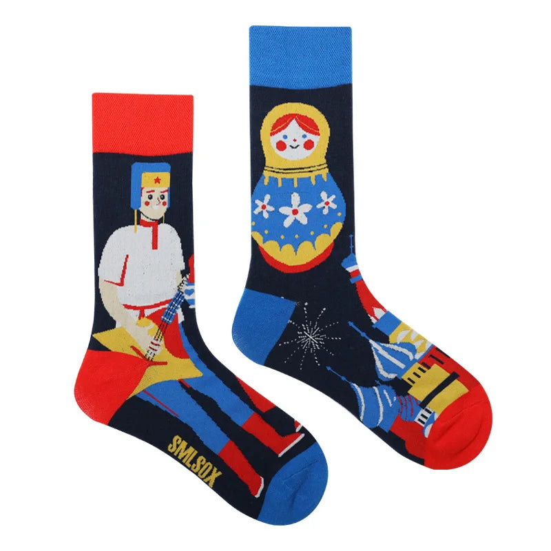 Colorful Print Cotton Socks - Unisex Mid-Tube Casual Pair