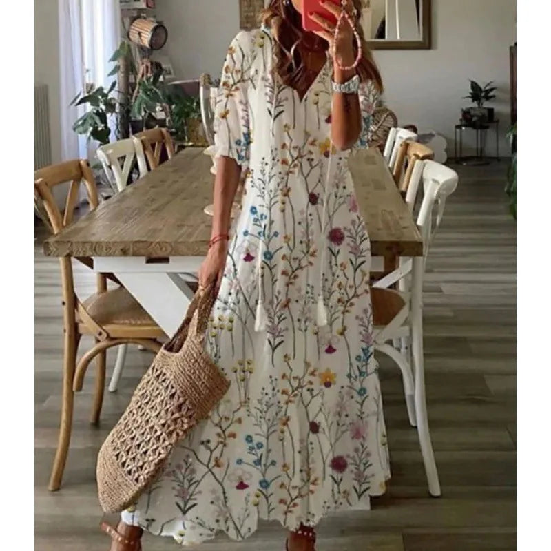 Bohemian Floral Maxi Dress - Relaxed V-Neck Summer Style