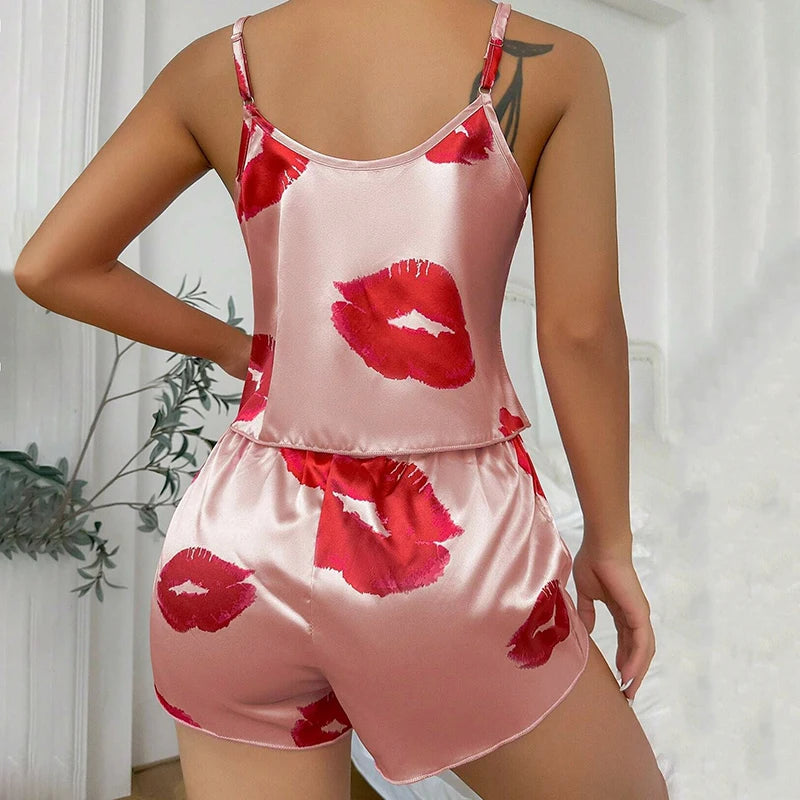 Satin Lace Cami Pajama Set - Elegant Two-Piece Sleepwear