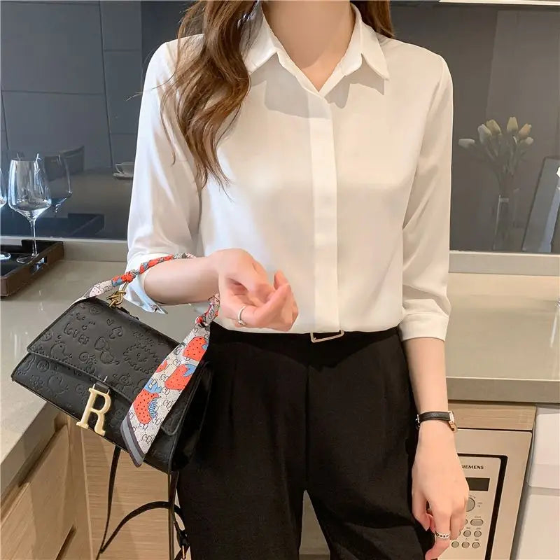 Classic Button Blouse - Loose Fit Turn-Down Collar Shirt