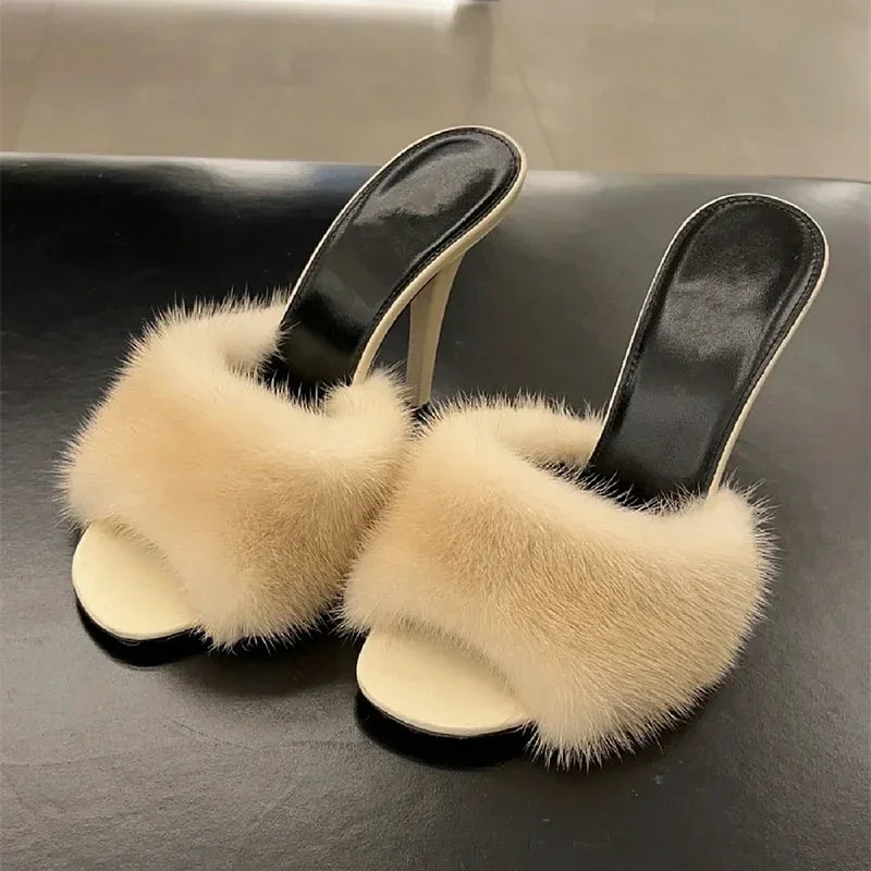 Luxury Fur-Trim High Heel Sandals - Open Toe Party Style