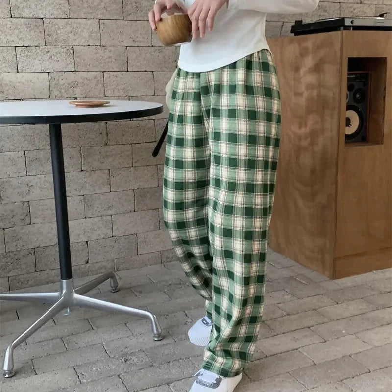 Fleece-Lined Plaid Trousers - High-Waist Straight Leg