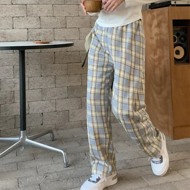 Fleece-Lined Plaid Trousers - High-Waist Straight Leg