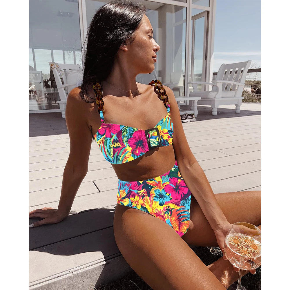 Ribbed Ruffle Bandeau Bikini - High Waist Brazilian Set
