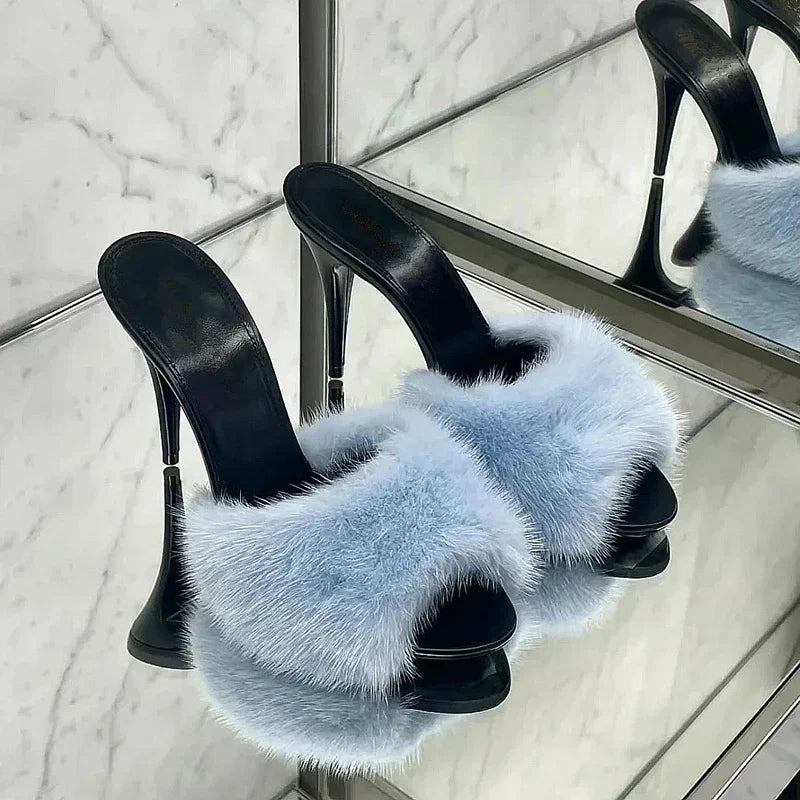Luxury Fur-Trim High Heel Sandals - Open Toe Party Style