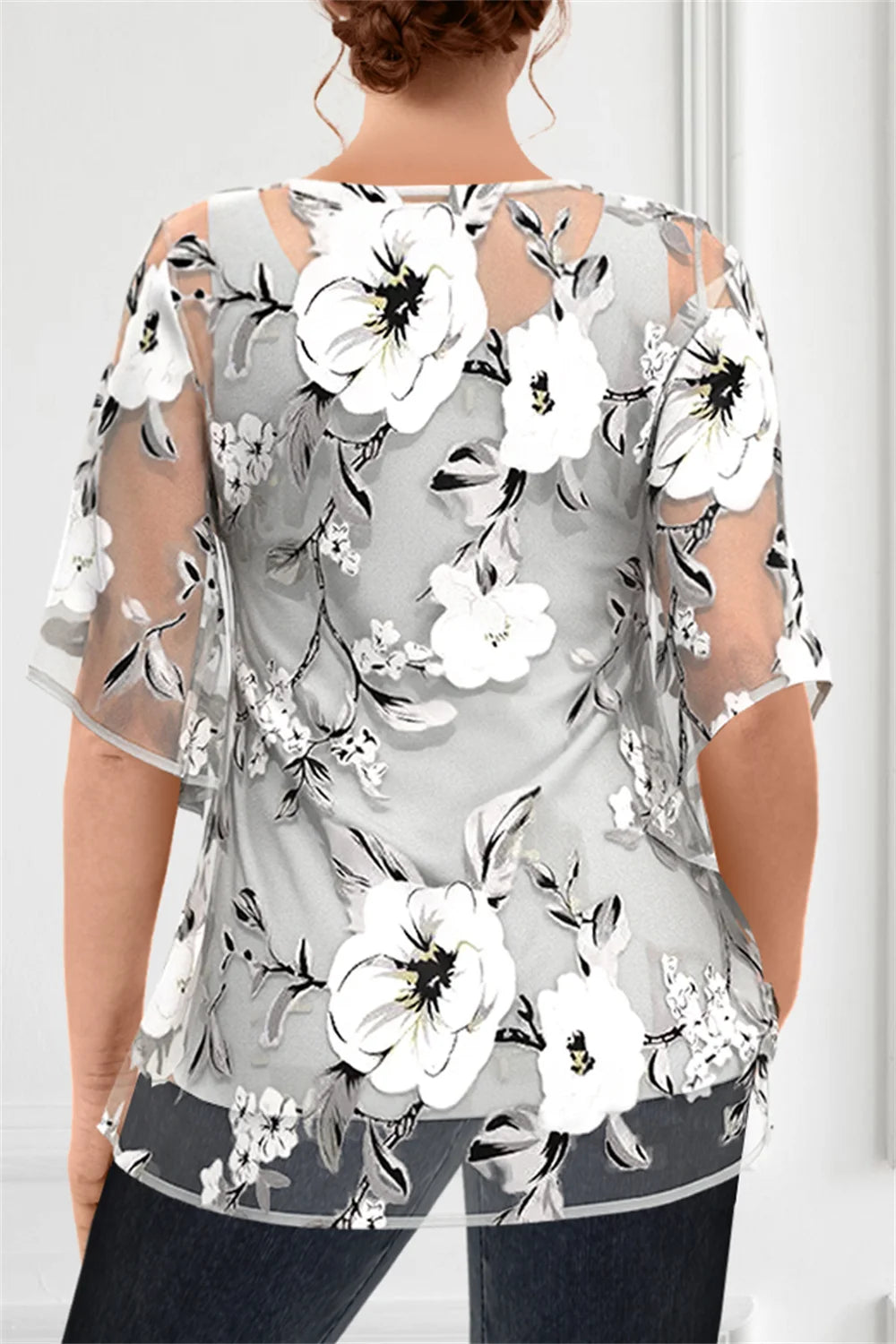 Dressy Plus Size Chiffon Floral Blouse - Layered Look