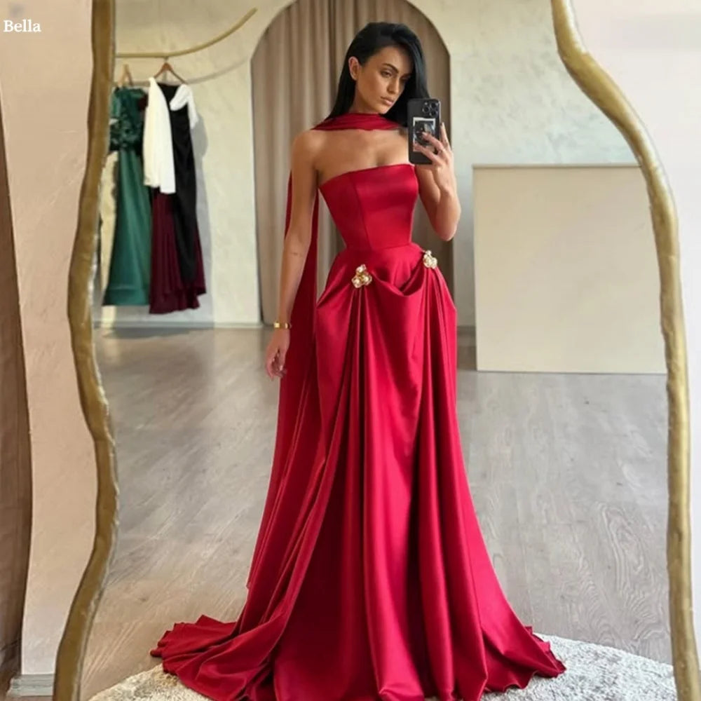 Bella Customized Flower Decoration Pearls robes de soirée Long Silk Scarves Party Dresses Strapless Satin A-line Prom Dress 2025